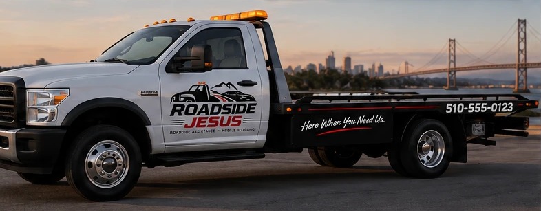 The Roadside Jesus flatbed tow truck parked by the bay at dusk, with the Bay Bridge behind it